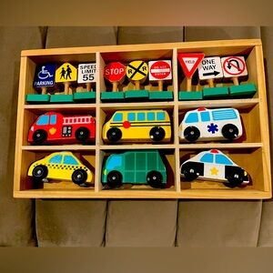 Melissa & Doug wooden Vehicles and Signs.
